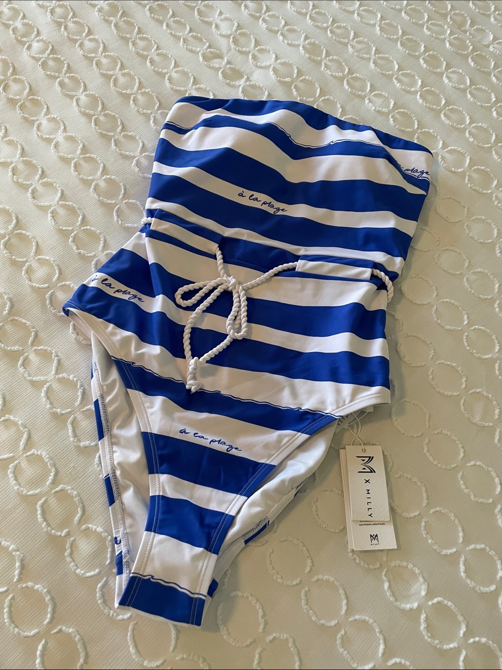 Milly Blue and White Striped One-Piece Swimsuit with Rope Tie